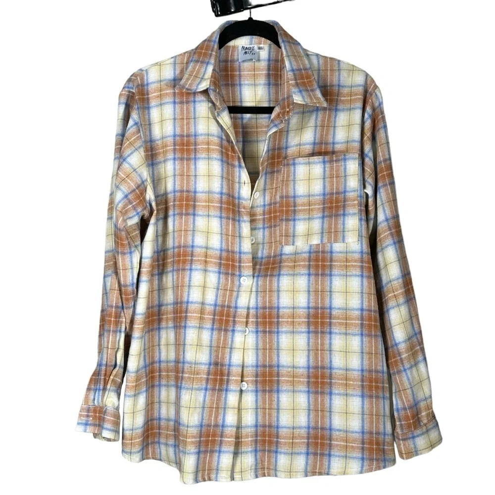 Princess Poly Medium Large Flannel Shirt Orange Blue Women Comfy Soft Grunge
